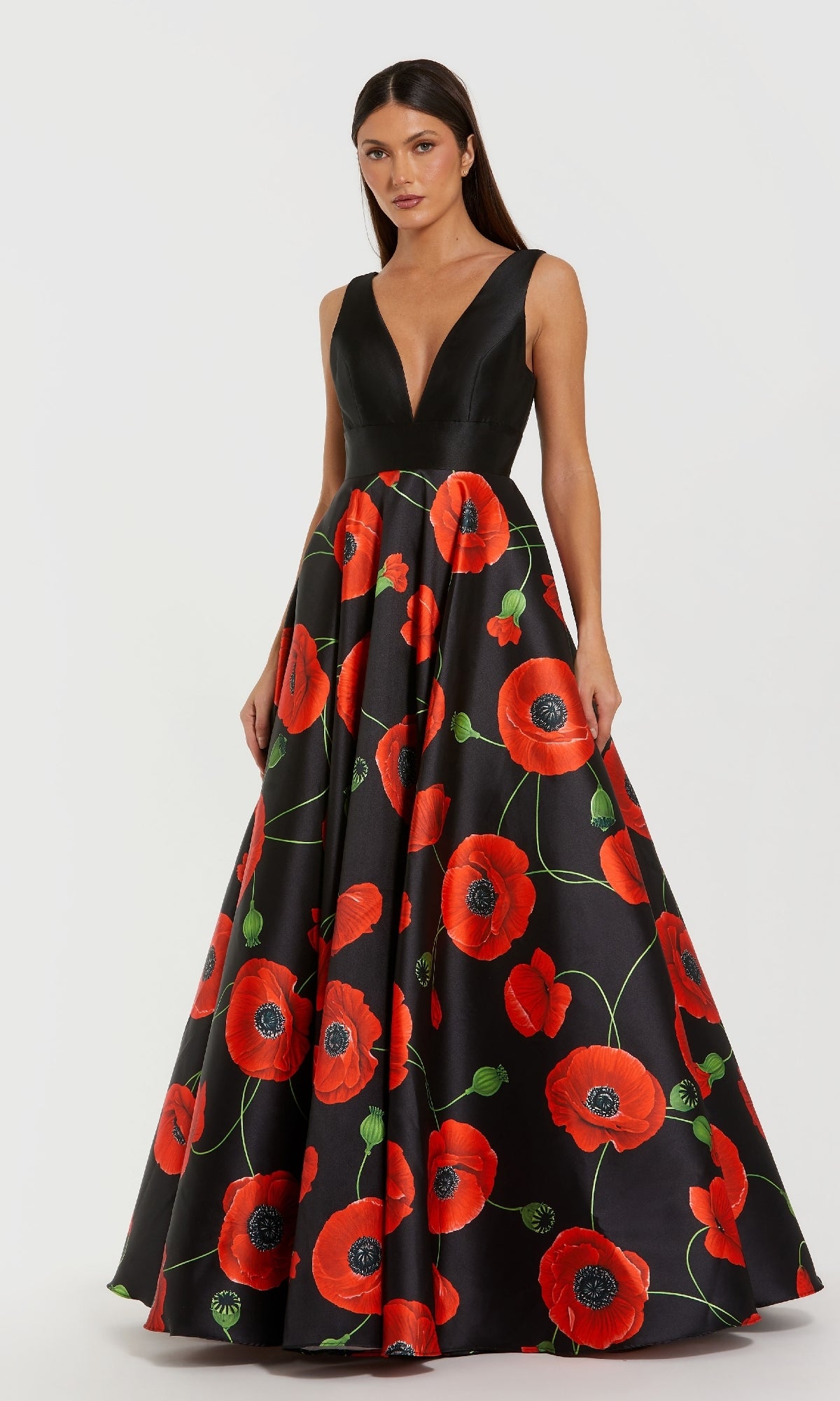 Woman wearing the Mac Duggal 56181 Long Black Poppy Formal Dress in Poppy Multi, featuring a sleeveless design, floor-length full skirt, deep V-neck, and vibrant red poppy floral print.